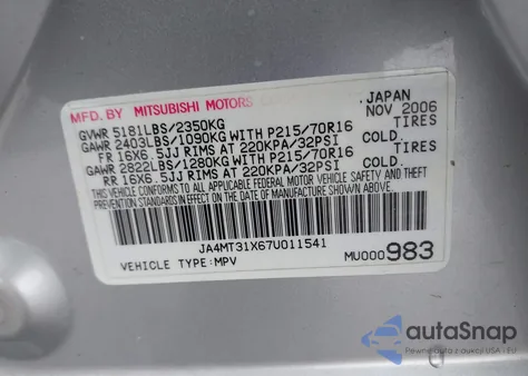 2007 Mitsubishi Outlander Ls z USA, uszkodzony, nr VIN JA4MT31X67U011541